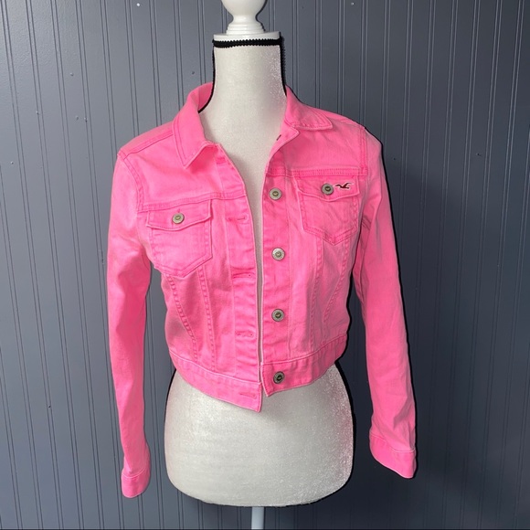 neon pink cropped denim jacket